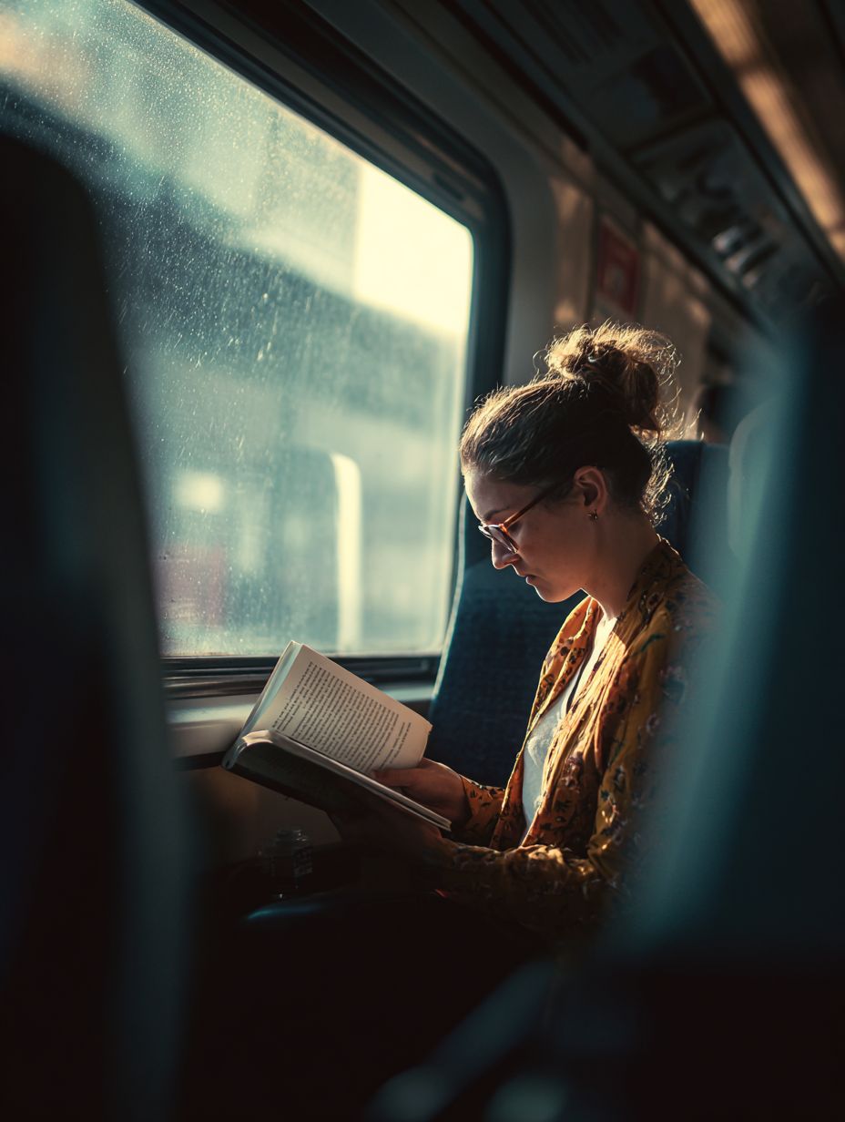 jpeg-optimizer_Thorn_httpss.mj.runa8PhSEm3BIE_woman_reading_book_on_a_train__9bf71058-af35-4d77-a980-151ba1f1d99e_2 En kvinna läser en bok.